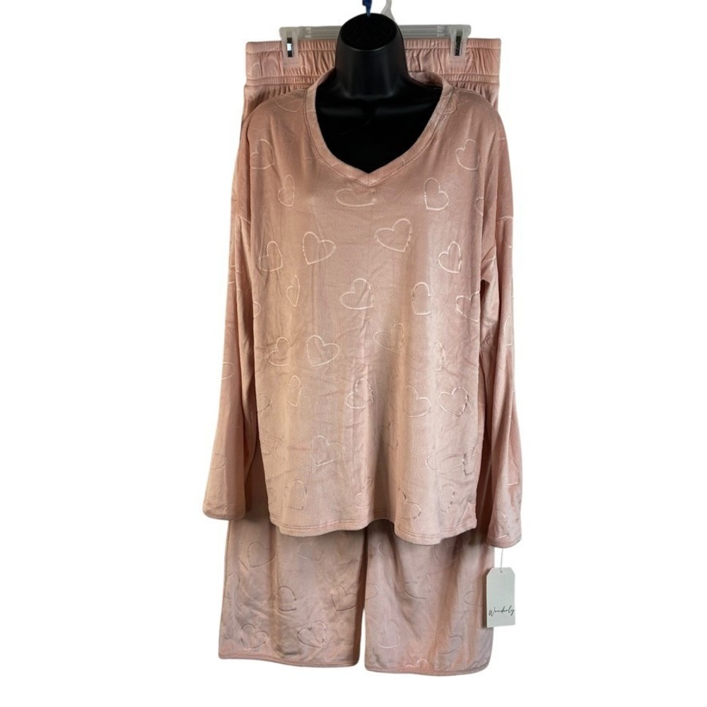 Wonderly Intimates Women's 2 Piece Pajama Set Pink Sz L Velour Heart Long Sleeve